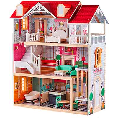 casa de muñecas de madera con muebles y ascensor top bright